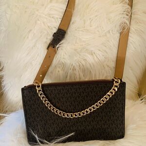 Michael Kors Brown Logo Crossbody with Gold Chain Accent